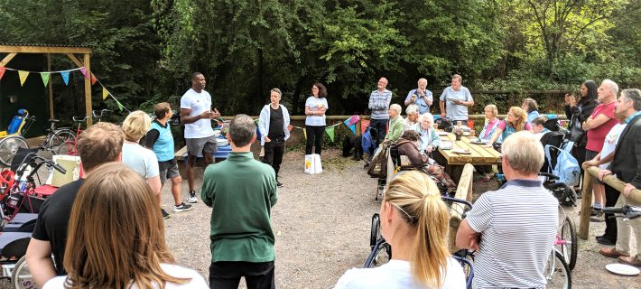 The Wheels For All team and community members socialising at the community space in Cannop, Forest of Dean.