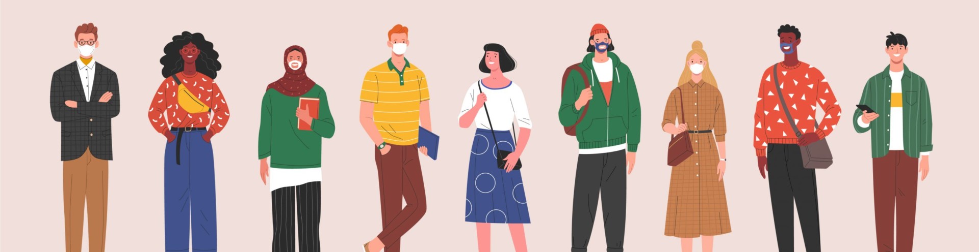 Illustration of a row of people, some are wearing face masks.