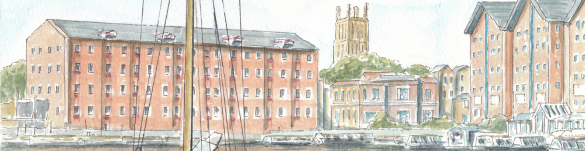 A painted picture of Gloucester docks.