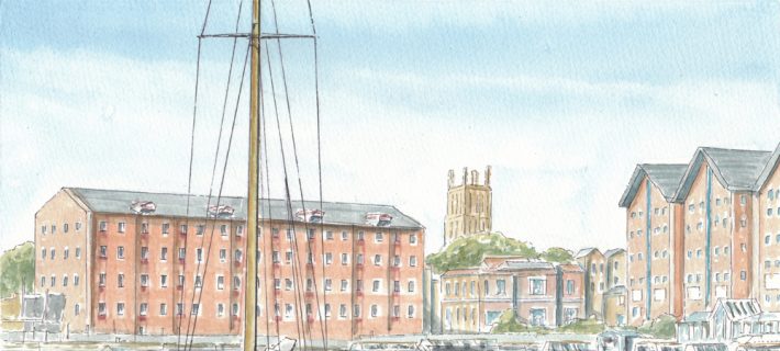 A painted picture of Gloucester docks.
