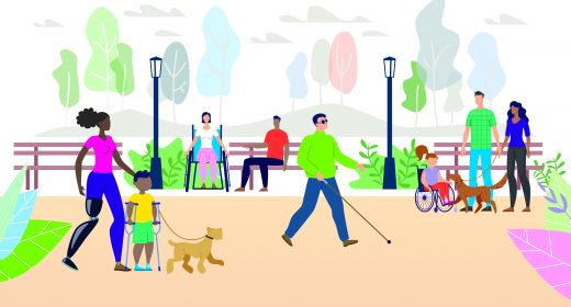 Illustration is of a park. Lots of people are in the park, of various abilities and disabilities.