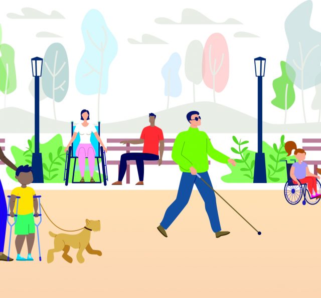 Illustration is of a park. Lots of people are in the park, of various abilities and disabilities.