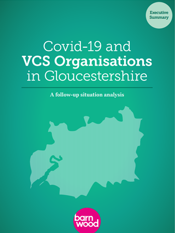 Image shows a map of Glos with the title Covid-19 and VCS Organisations in Gloucestershire