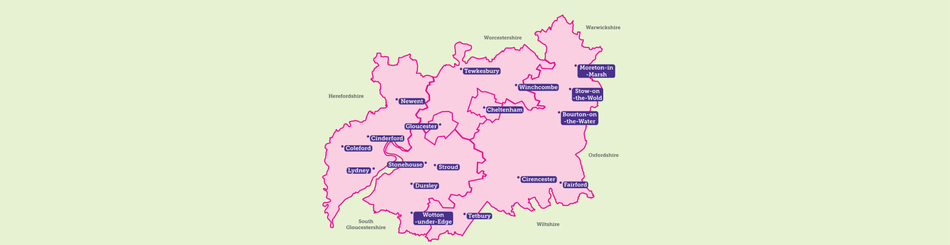 Gloucestershire map with towns highlighted on it