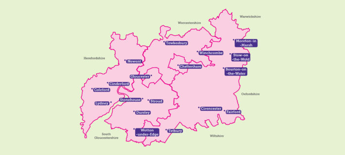 Gloucestershire map with towns highlighted on it
