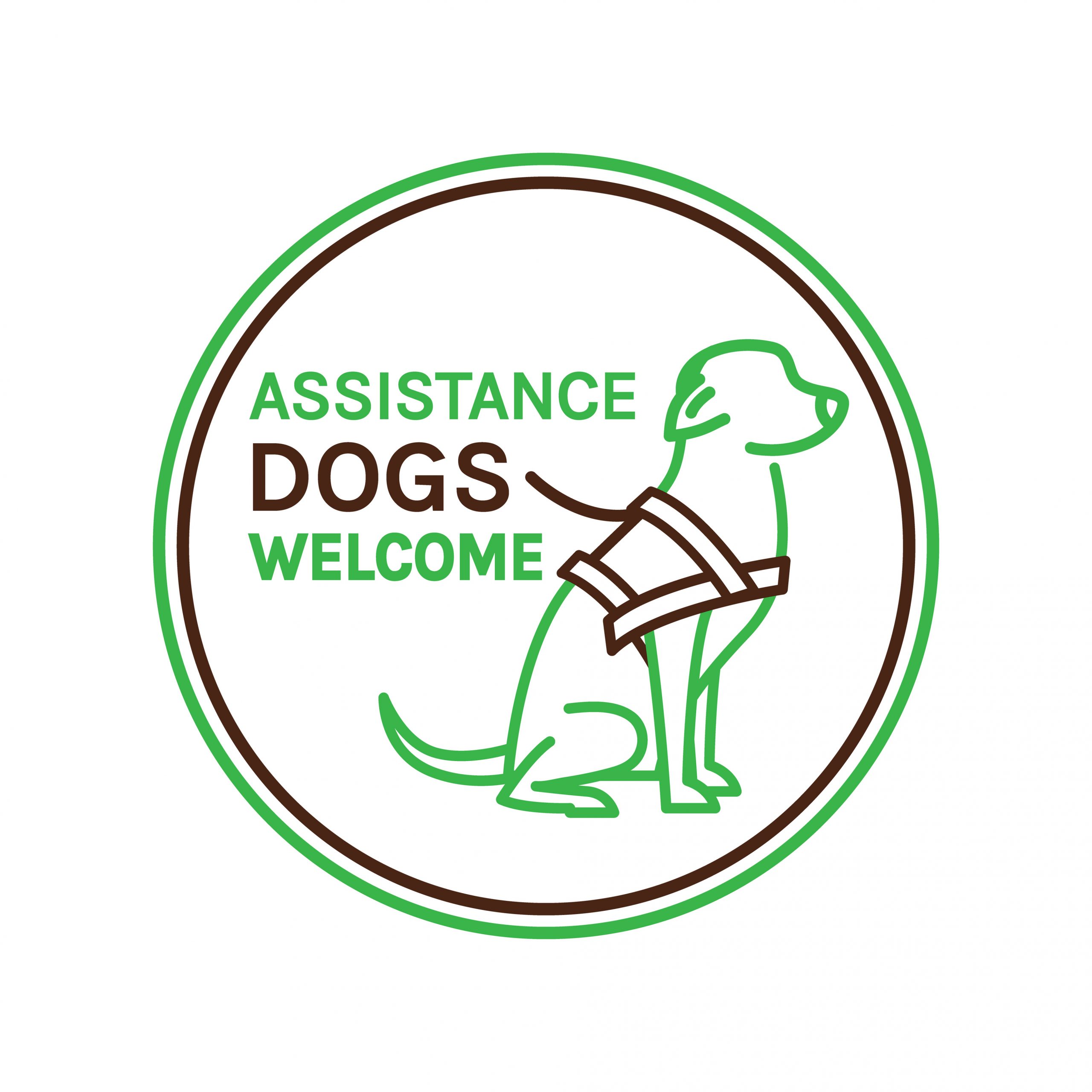 Assistance dogs welcome logo showing guide dog sitting with harness on within a green and brown circle