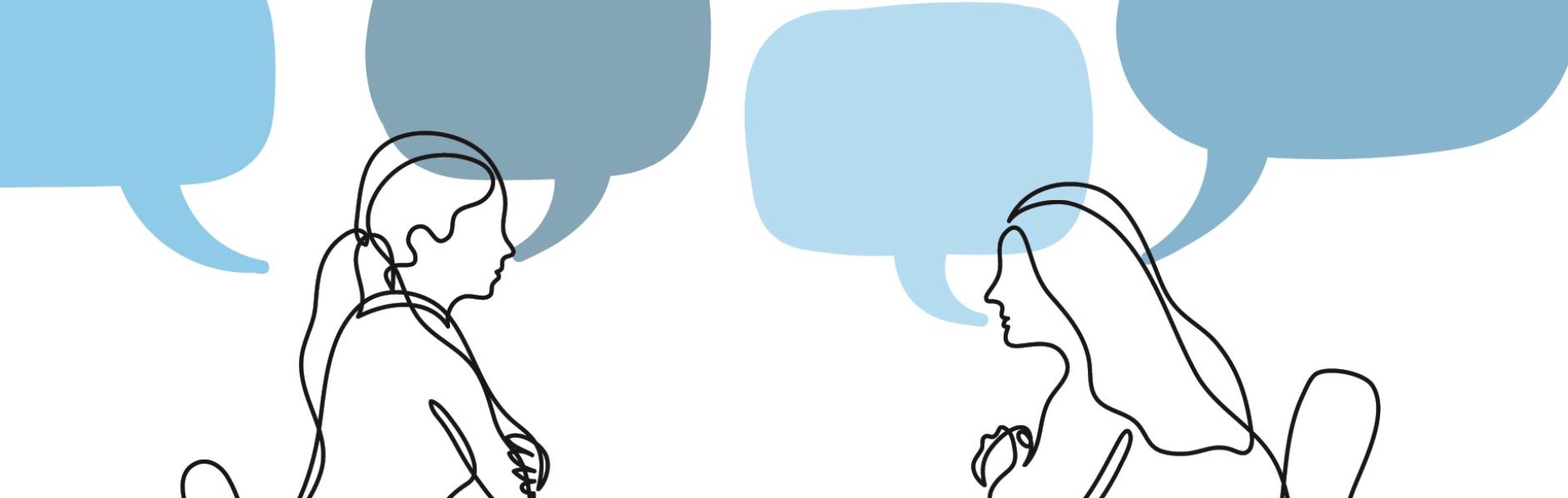 Illustration of 2 women sat at a table and talking, two empty speech bubbles are above them