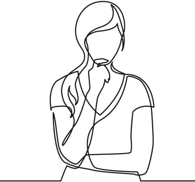 Line drawing illustration of 3 figures, one looking at a mobile phone, one with arms folder, one looking pensive