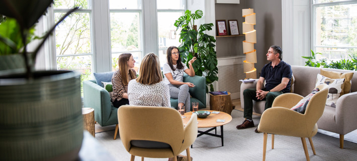 Photo of Barnwood Trust staff in the Welcome area at Overton House, Cheltenham