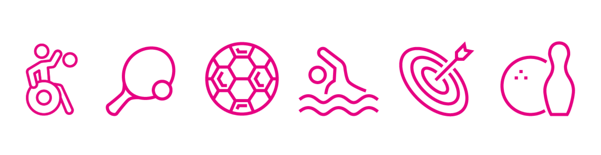 Team Talk banner. Left to right, wheelchair basketball, table tennis, football, swimming, archery and bowling.