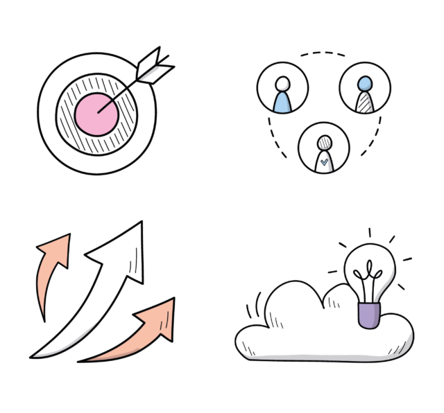 Barnwood Value logos. Left to right. Focused value represented by arrow in dart board, Inclusive value represented by 3 figures forming a circle, Bold value represented by 3 arrows pointed upwards and Forward Thinking value represented by light bulb on top of a cloud.