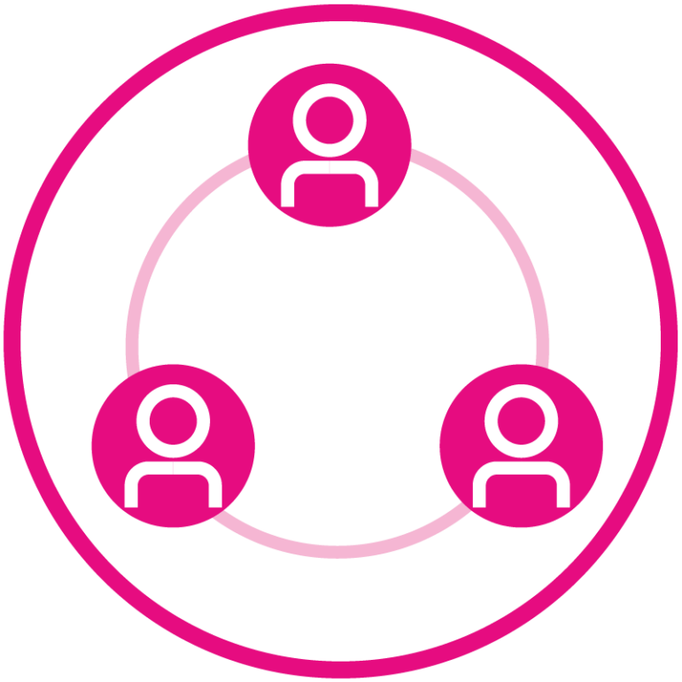 Engage symbol. Icons for 3 people linked together in a faintly coloured circle, with a circle.