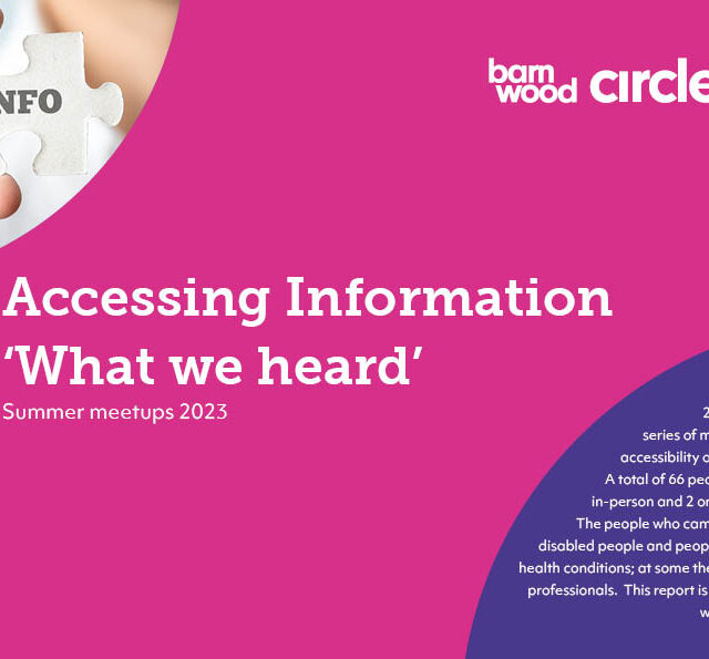 Image is the front cover of a report called Accessing Information: What we heard The Barnwood Circle logo is in the top right hand corner, the background is magenta and there is a photo of a hand holding a puzzle piece with the word 'info' on it in the top left hand corner.