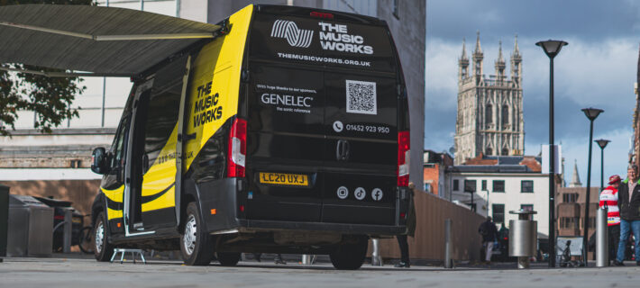 The Mobile Mix & Mash parked in Gloucester City centre with the Cathedral in the background