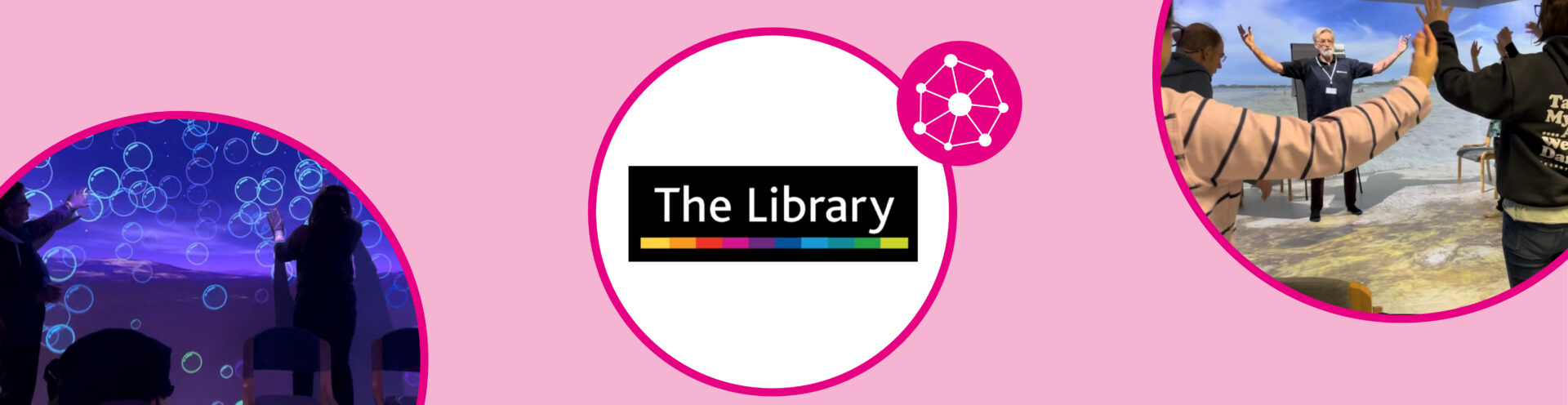 Gloucestershire Libraries logo with two photos of people enjoying the new virtual reality experience, with one person touching bubbles on a wall wearing a headset and another photo of a group of people in a virtual beach setting.