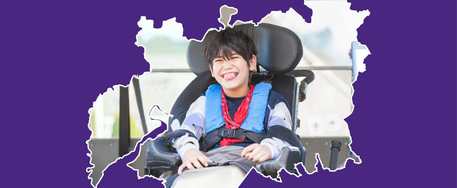 A Gloucestershire map outline with a photo of a happy boy in a wheelchair on the inside of the map.