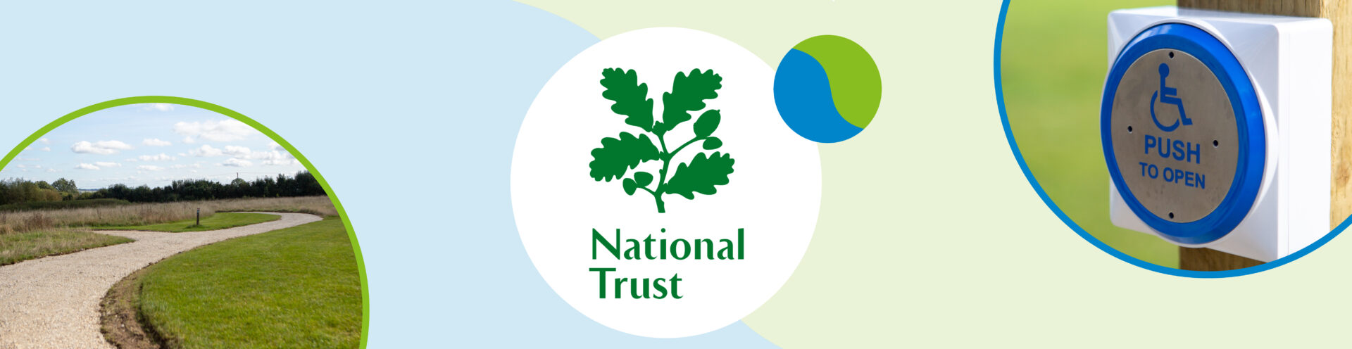 The National Trust logo in the middle of the banner with a photo on the left in a circle of a flat path in a park area and a photo on the right in a circle of a disabled access 'push to open' button.
