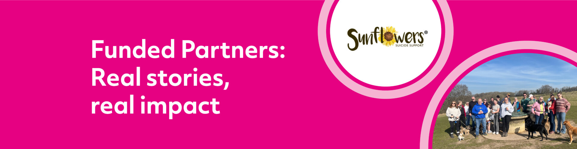 Funded Partners: Real stories, real impact with the Sunflowers Suicide Support logo at the top and a photo of one of their walking groups out on a countryside walk with their dogs.