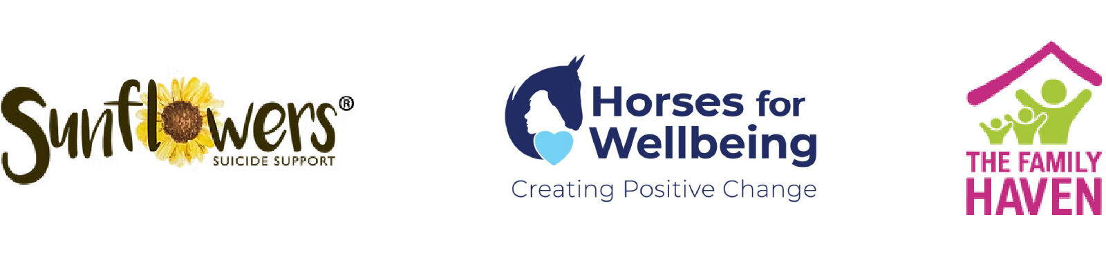 Sunflowers Suicide Support, Horses for Wellbeing and The Family Haven logos.