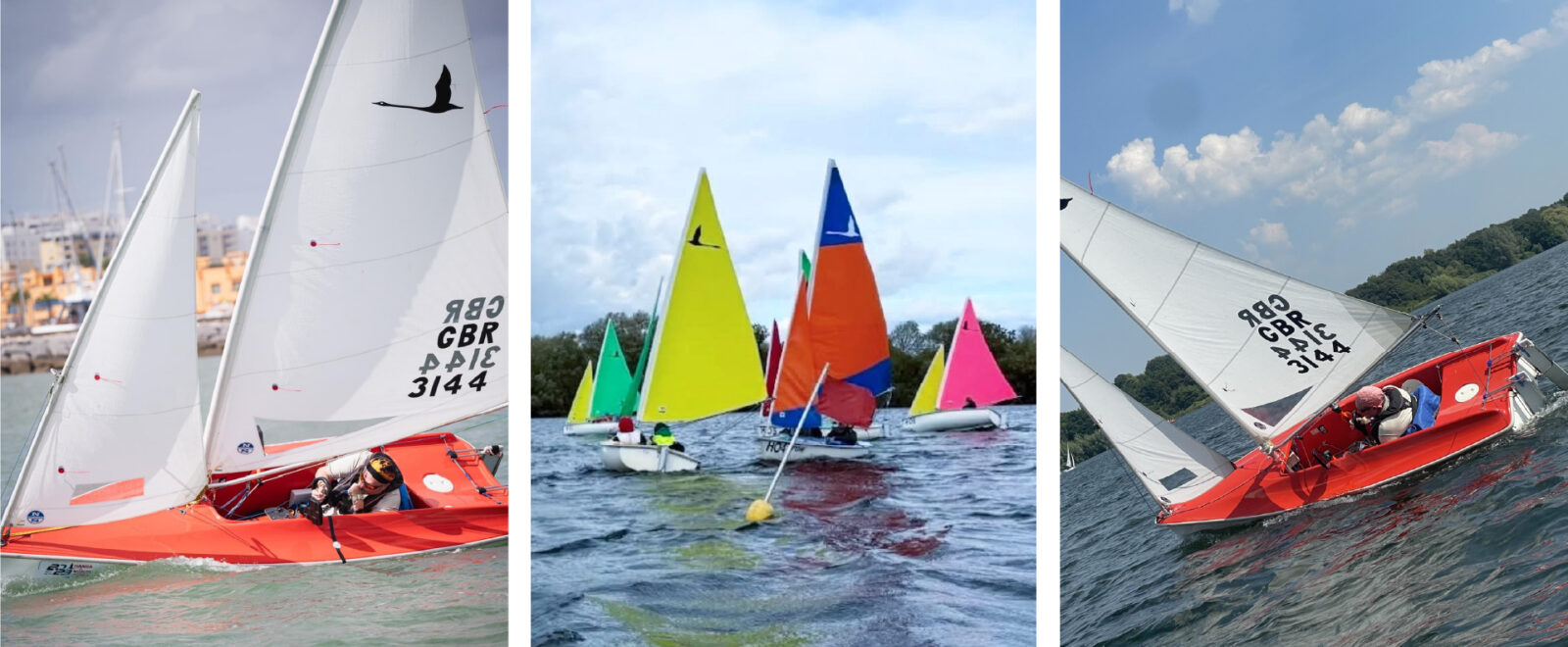 Three photos of people sailing boats on a lake