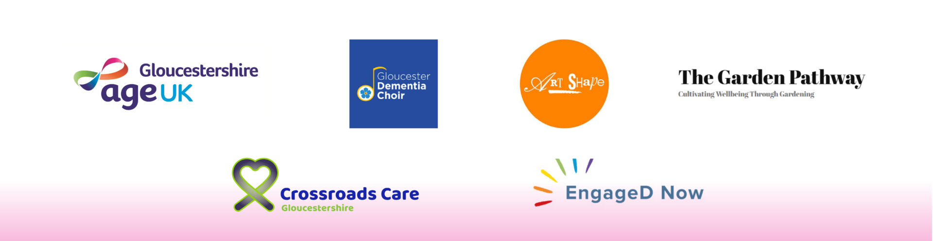 Gloucestershire Age UK, Gloucester Dementia Choir, Art Shape, The Garden Pathway, Crossroads Care and EngageD Now logos