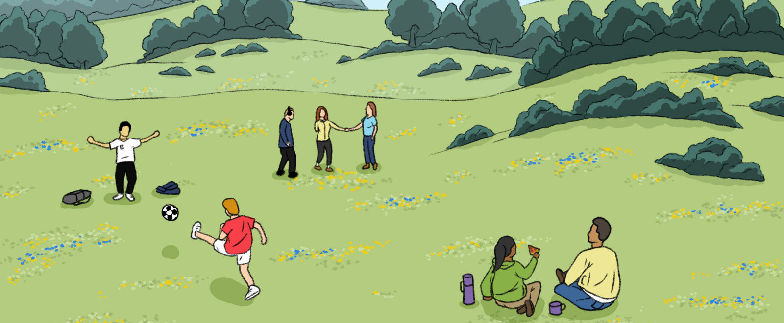 An illustration from the Access to Nature hub, featuring fields and trees with people playing football, sitting and eating and talking..