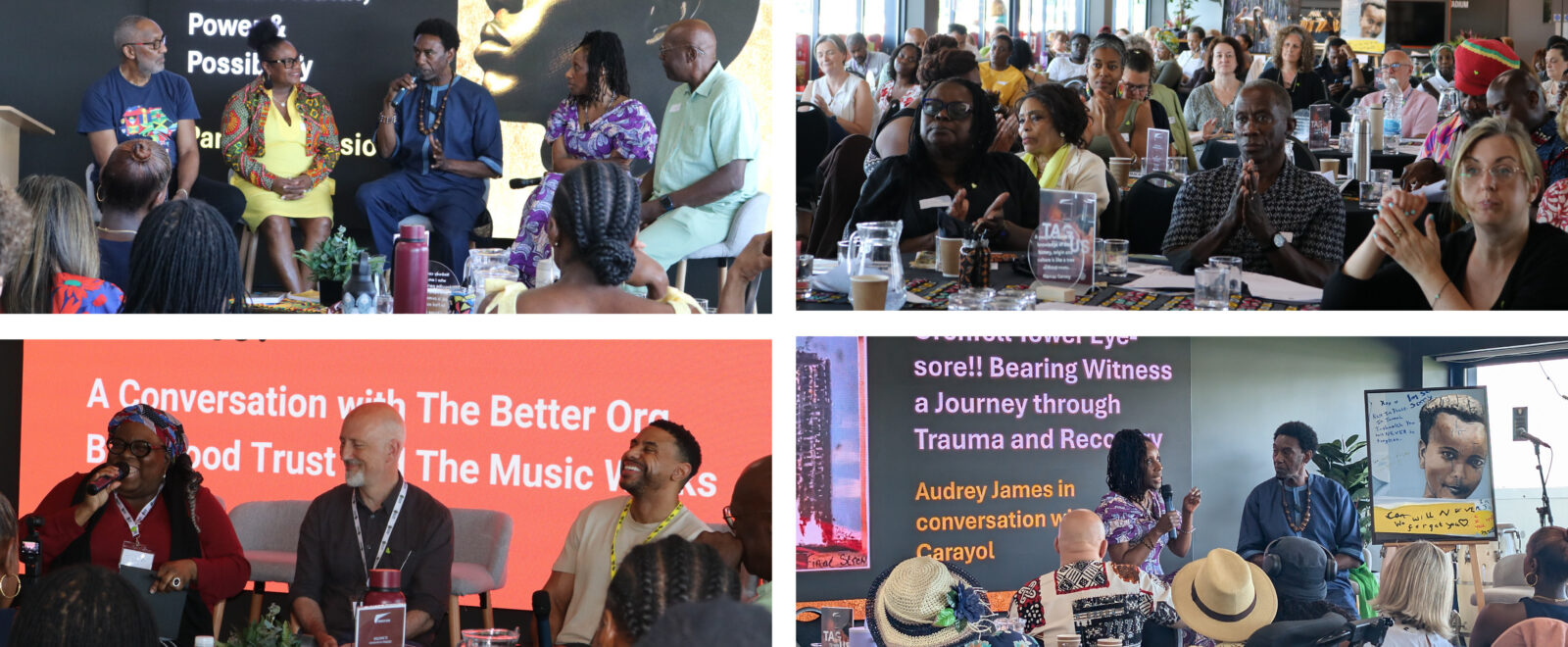 Photos of various groups of people speaking together on stage and a large room of people listening to them speak at the Restore Black Mental Health Conference.