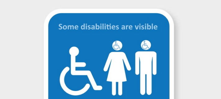Sam's disability symbol. This includes a symbol of a person in a wheelchair and a man and woman next to them. Inside their heads is the symbol of the person in a wheelchair. Above this image it says, 'some disabilities are visible, some are not, take care of each other'.